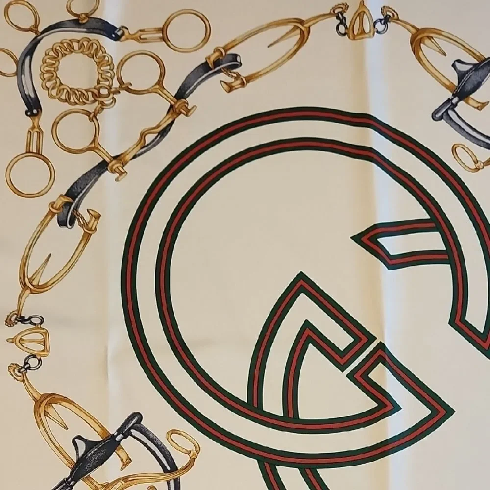 Gucci Cream and Navy Silk Scarf with Gold Details